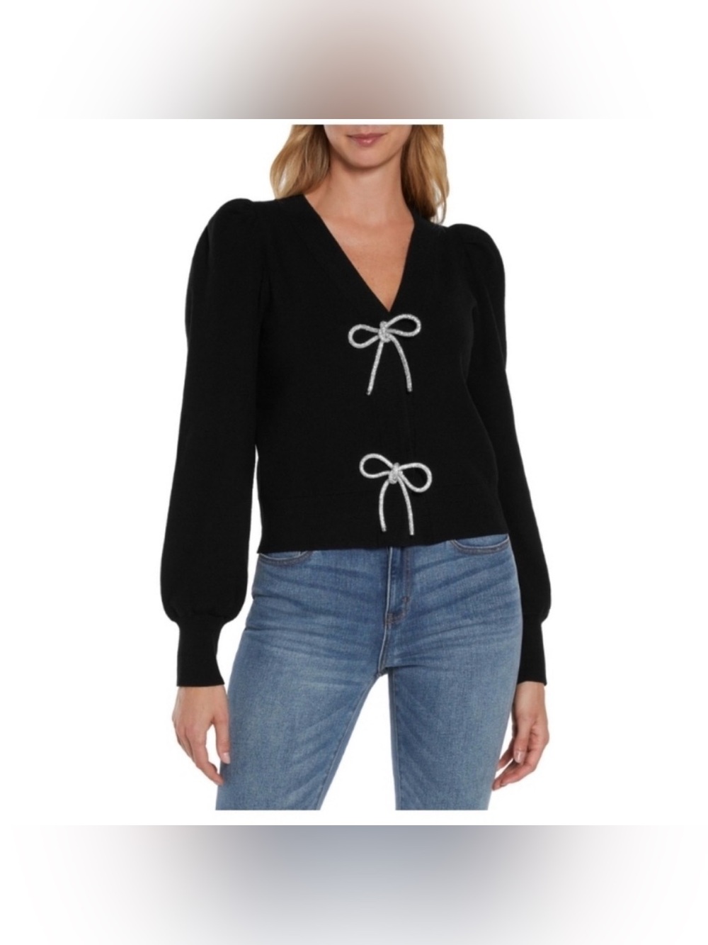 Express Black V-Neck Sweater with Silver Bow Accents